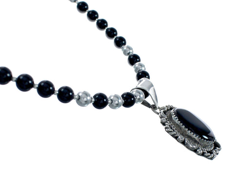 Native American Navajo Onyx Sterling Silver Bead Necklace X11195